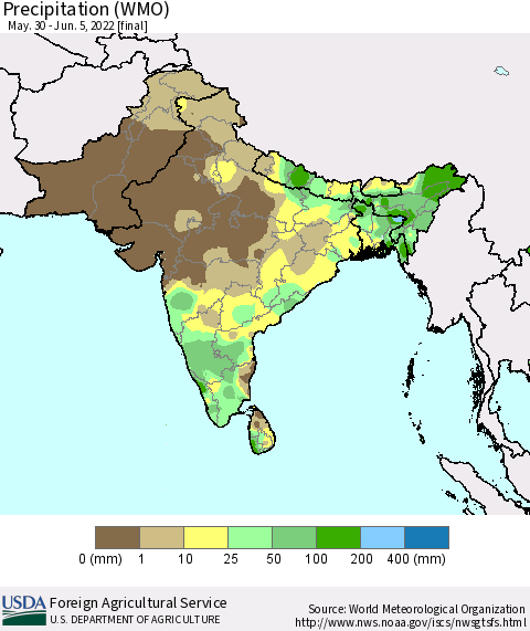 Southern Asia Precipitation (WMO) Thematic Map For 5/30/2022 - 6/5/2022