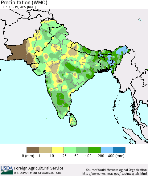 Southern Asia Precipitation (WMO) Thematic Map For 6/13/2022 - 6/19/2022
