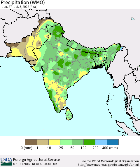 Southern Asia Precipitation (WMO) Thematic Map For 6/27/2022 - 7/3/2022