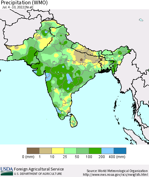 Southern Asia Precipitation (WMO) Thematic Map For 7/4/2022 - 7/10/2022
