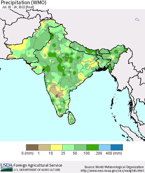 Southern Asia Precipitation (WMO) Thematic Map For 7/18/2022 - 7/24/2022