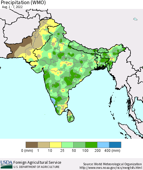 Southern Asia Precipitation (WMO) Thematic Map For 8/1/2022 - 8/7/2022