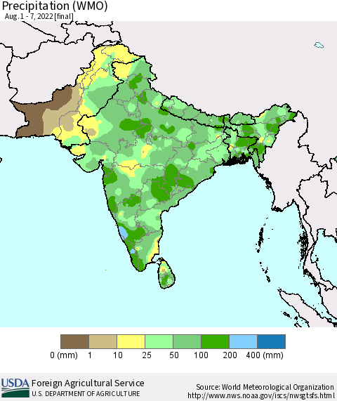 Southern Asia Precipitation (WMO) Thematic Map For 8/1/2022 - 8/7/2022