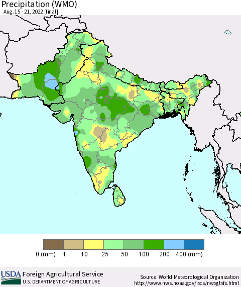 Southern Asia Precipitation (WMO) Thematic Map For 8/15/2022 - 8/21/2022