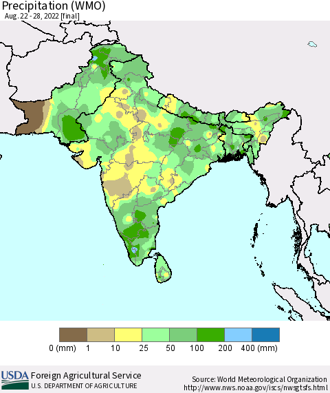 Southern Asia Precipitation (WMO) Thematic Map For 8/22/2022 - 8/28/2022