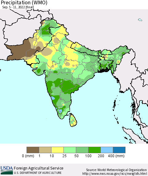 Southern Asia Precipitation (WMO) Thematic Map For 9/5/2022 - 9/11/2022