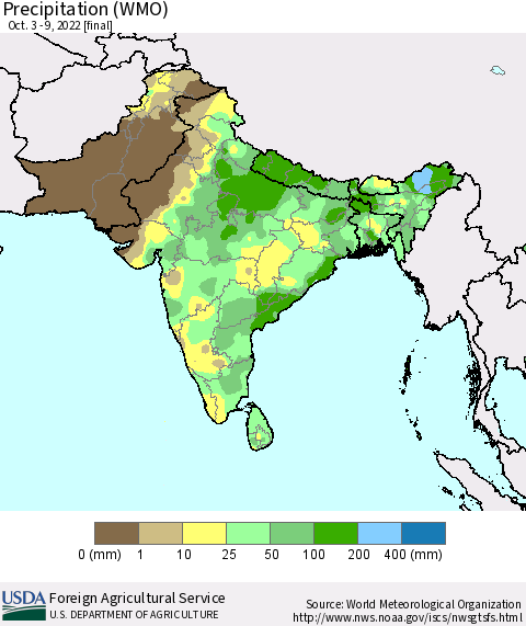 Southern Asia Precipitation (WMO) Thematic Map For 10/3/2022 - 10/9/2022