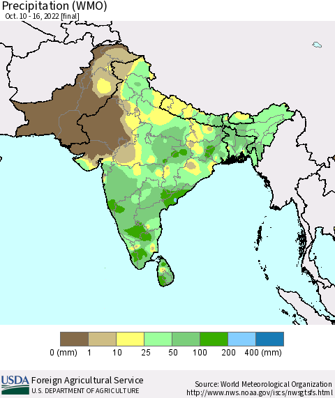 Southern Asia Precipitation (WMO) Thematic Map For 10/10/2022 - 10/16/2022