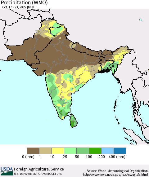 Southern Asia Precipitation (WMO) Thematic Map For 10/17/2022 - 10/23/2022