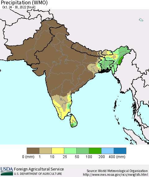 Southern Asia Precipitation (WMO) Thematic Map For 10/24/2022 - 10/30/2022