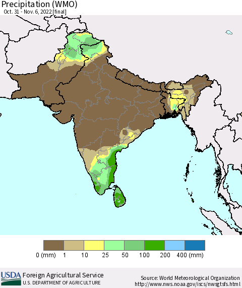 Southern Asia Precipitation (WMO) Thematic Map For 10/31/2022 - 11/6/2022