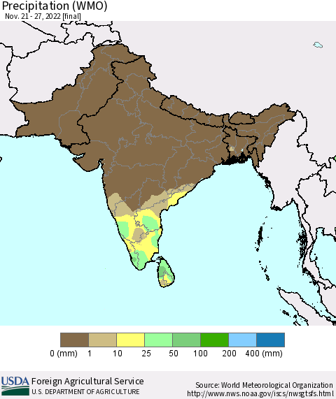 Southern Asia Precipitation (WMO) Thematic Map For 11/21/2022 - 11/27/2022