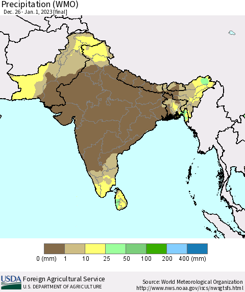 Southern Asia Precipitation (WMO) Thematic Map For 12/26/2022 - 1/1/2023