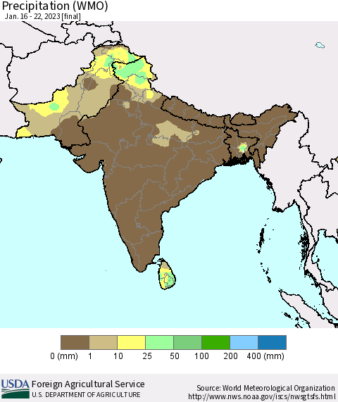 Southern Asia Precipitation (WMO) Thematic Map For 1/16/2023 - 1/22/2023