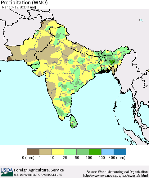 Southern Asia Precipitation (WMO) Thematic Map For 3/13/2023 - 3/19/2023