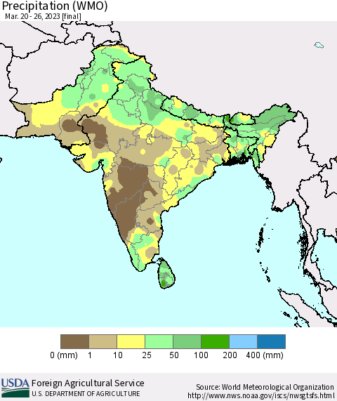 Southern Asia Precipitation (WMO) Thematic Map For 3/20/2023 - 3/26/2023