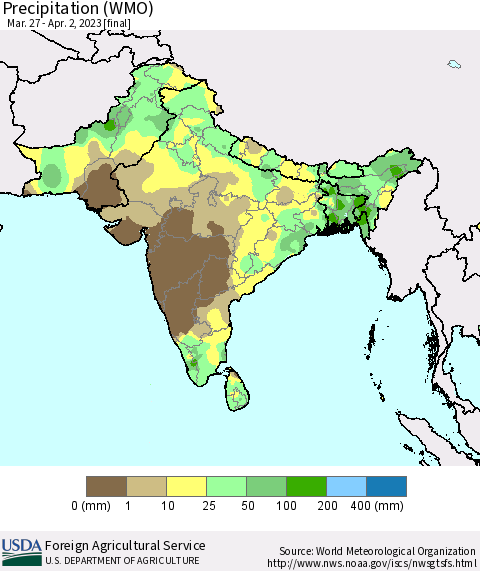 Southern Asia Precipitation (WMO) Thematic Map For 3/27/2023 - 4/2/2023