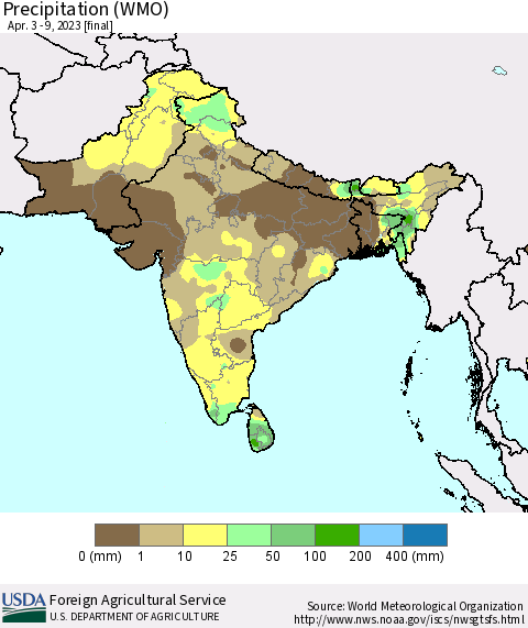 Southern Asia Precipitation (WMO) Thematic Map For 4/3/2023 - 4/9/2023