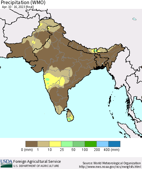 Southern Asia Precipitation (WMO) Thematic Map For 4/10/2023 - 4/16/2023