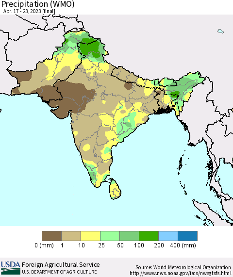 Southern Asia Precipitation (WMO) Thematic Map For 4/17/2023 - 4/23/2023