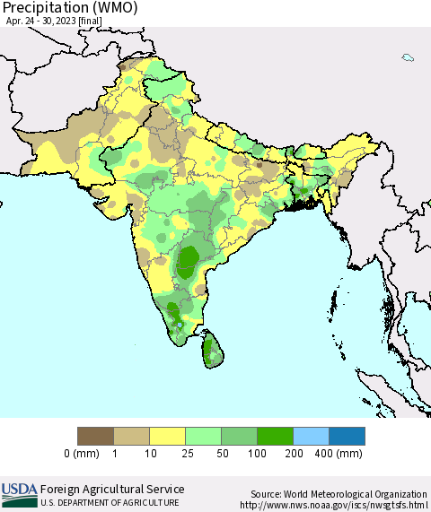 Southern Asia Precipitation (WMO) Thematic Map For 4/24/2023 - 4/30/2023