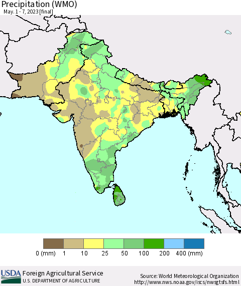 Southern Asia Precipitation (WMO) Thematic Map For 5/1/2023 - 5/7/2023