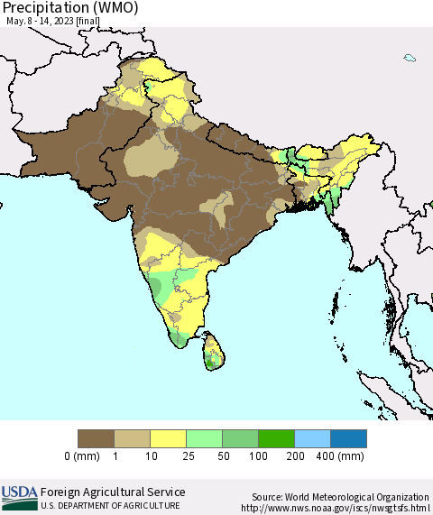 Southern Asia Precipitation (WMO) Thematic Map For 5/8/2023 - 5/14/2023