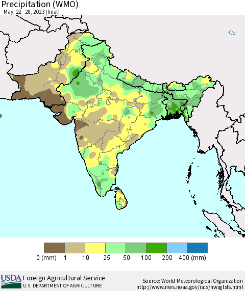 Southern Asia Precipitation (WMO) Thematic Map For 5/22/2023 - 5/28/2023