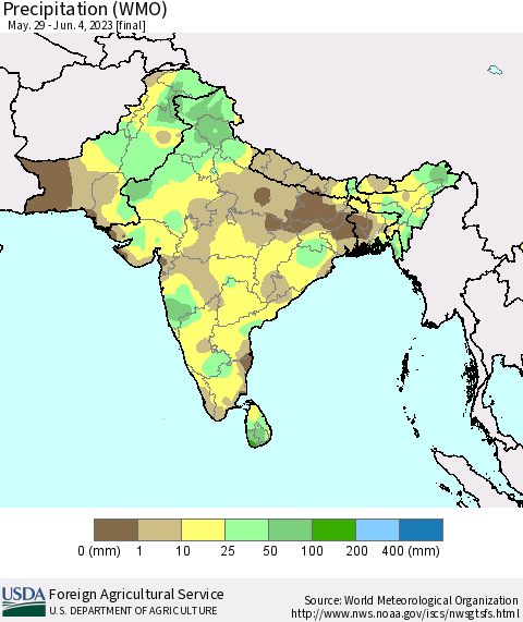 Southern Asia Precipitation (WMO) Thematic Map For 5/29/2023 - 6/4/2023