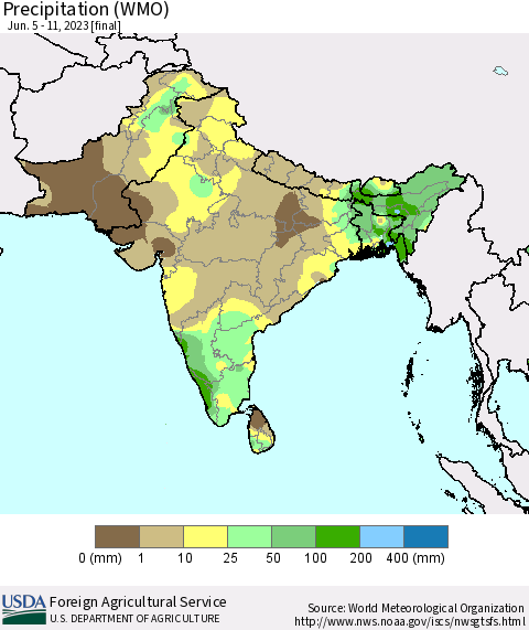 Southern Asia Precipitation (WMO) Thematic Map For 6/5/2023 - 6/11/2023