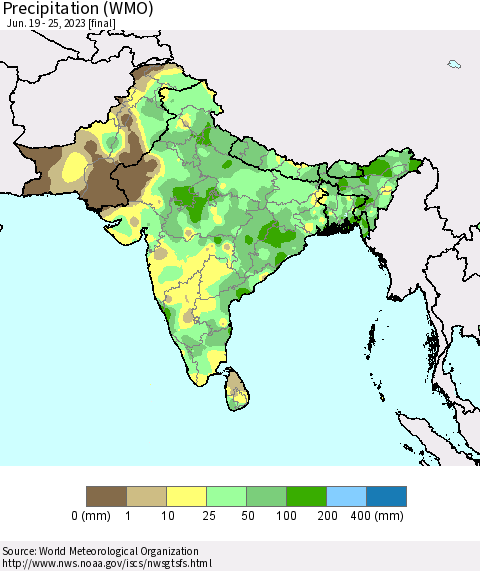 Southern Asia Precipitation (WMO) Thematic Map For 6/19/2023 - 6/25/2023