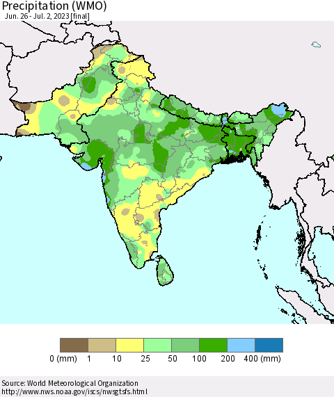 Southern Asia Precipitation (WMO) Thematic Map For 6/26/2023 - 7/2/2023