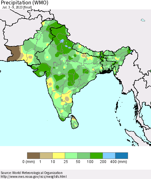 Southern Asia Precipitation (WMO) Thematic Map For 7/3/2023 - 7/9/2023