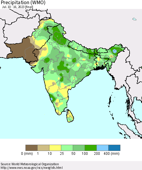 Southern Asia Precipitation (WMO) Thematic Map For 7/10/2023 - 7/16/2023