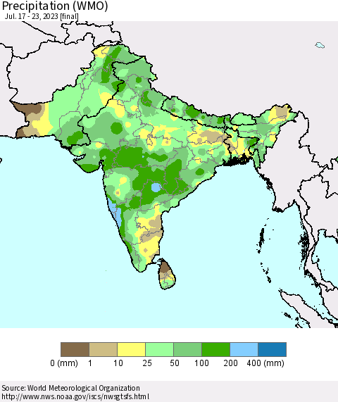 Southern Asia Precipitation (WMO) Thematic Map For 7/17/2023 - 7/23/2023