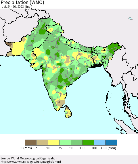 Southern Asia Precipitation (WMO) Thematic Map For 7/24/2023 - 7/30/2023