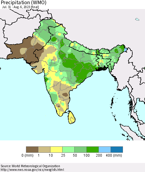 Southern Asia Precipitation (WMO) Thematic Map For 7/31/2023 - 8/6/2023