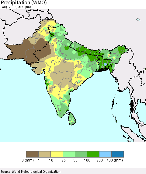 Southern Asia Precipitation (WMO) Thematic Map For 8/7/2023 - 8/13/2023