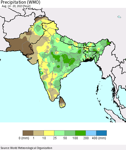 Southern Asia Precipitation (WMO) Thematic Map For 8/14/2023 - 8/20/2023