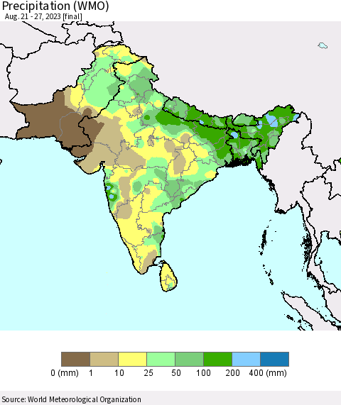 Southern Asia Precipitation (WMO) Thematic Map For 8/21/2023 - 8/27/2023
