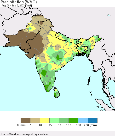 Southern Asia Precipitation (WMO) Thematic Map For 8/28/2023 - 9/3/2023
