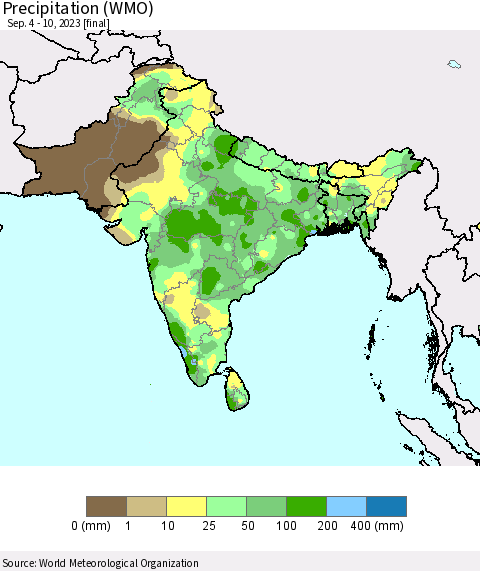 Southern Asia Precipitation (WMO) Thematic Map For 9/4/2023 - 9/10/2023