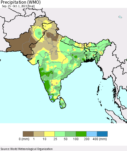 Southern Asia Precipitation (WMO) Thematic Map For 9/25/2023 - 10/1/2023