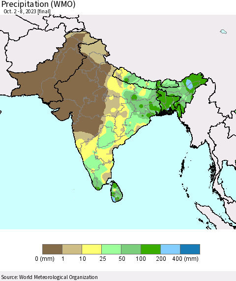Southern Asia Precipitation (WMO) Thematic Map For 10/2/2023 - 10/8/2023