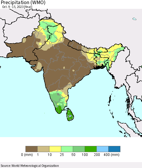 Southern Asia Precipitation (WMO) Thematic Map For 10/9/2023 - 10/15/2023