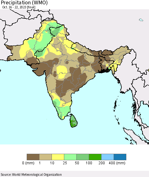 Southern Asia Precipitation (WMO) Thematic Map For 10/16/2023 - 10/22/2023
