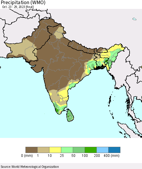 Southern Asia Precipitation (WMO) Thematic Map For 10/23/2023 - 10/29/2023