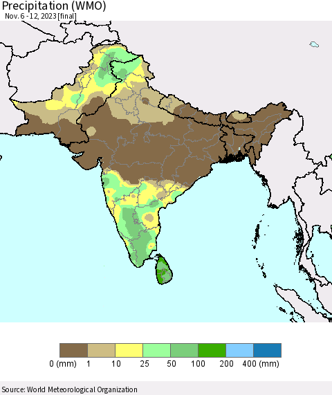 Southern Asia Precipitation (WMO) Thematic Map For 11/6/2023 - 11/12/2023