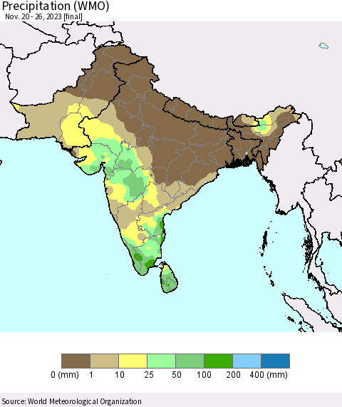 Southern Asia Precipitation (WMO) Thematic Map For 11/20/2023 - 11/26/2023