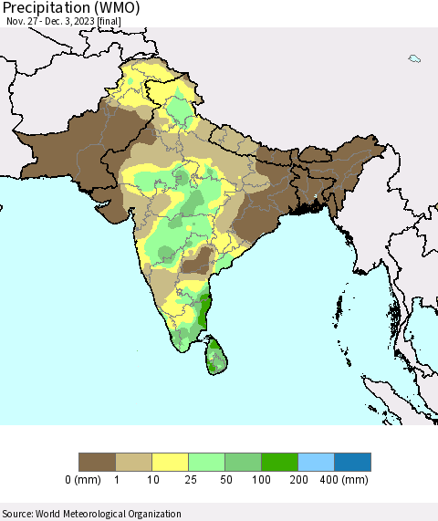Southern Asia Precipitation (WMO) Thematic Map For 11/27/2023 - 12/3/2023